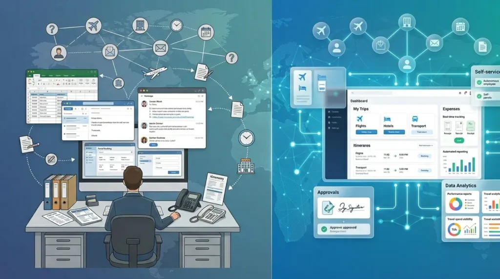 Diferencias entre software de gestión de viajes corporativos y agencia de viajes tradicional con procesos automatizados y control centralizado